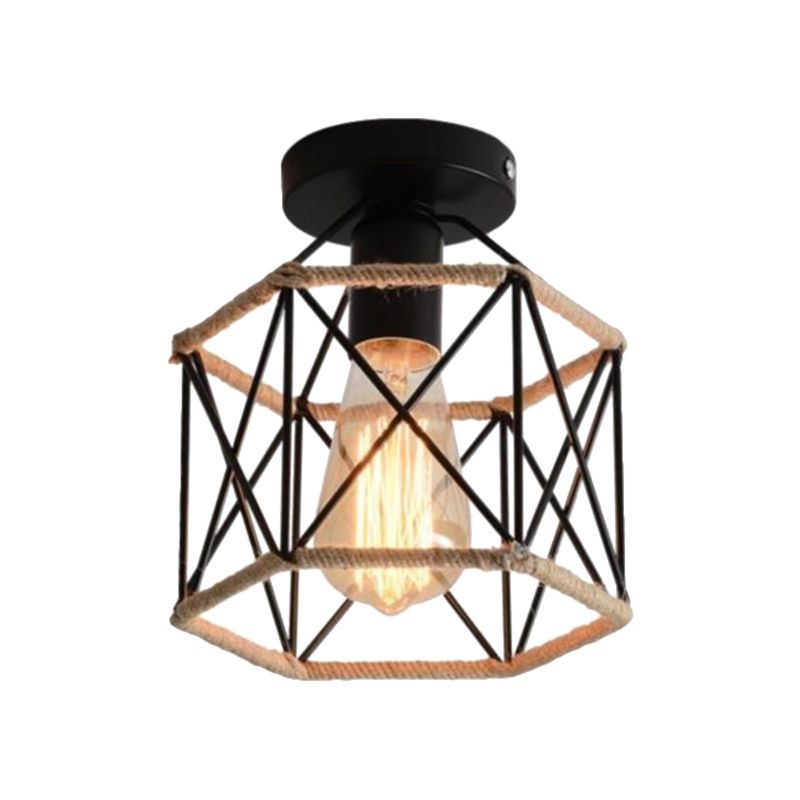 Black 1 Bulb Semi Flush Mount Light Lodge Style Metal and Rope Globe/Diamond Cage Ceiling Fixture for Hallway