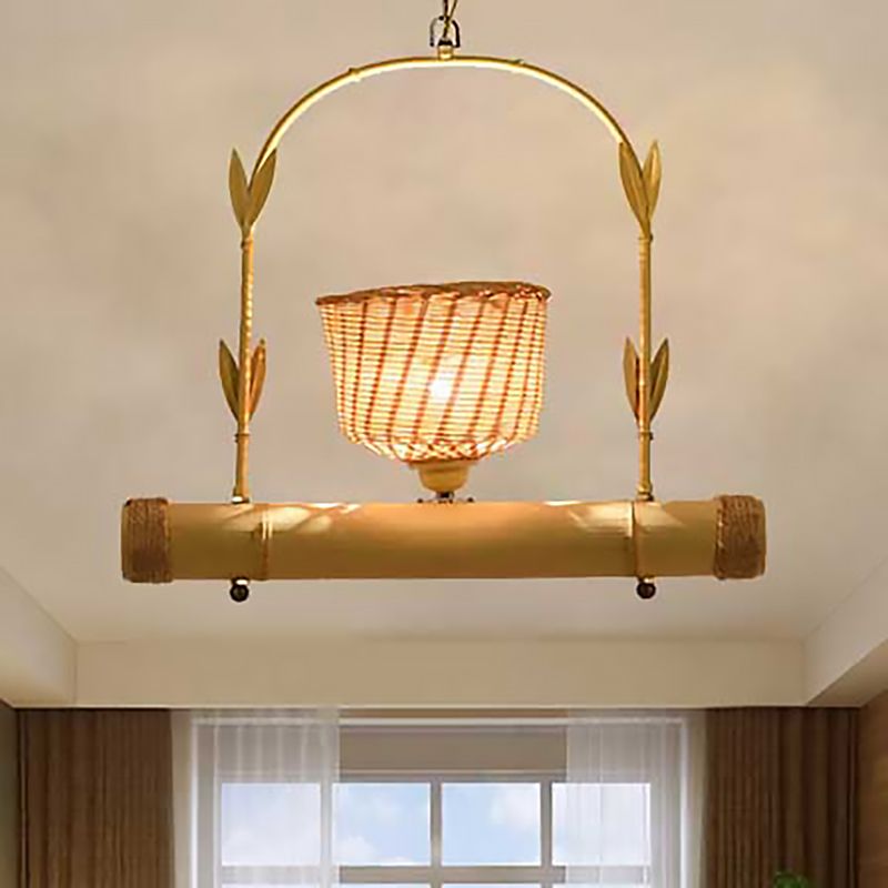 Rattan Basket Shade Chandelier Light Country Style 1/2-Light Beige Ceiling Lamp with Bird Cage Design