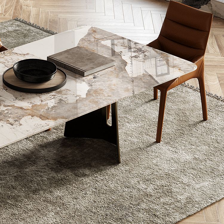 Rectangle Traditional Luxury Table Sintered Stone Table with Gold Double Pedestal