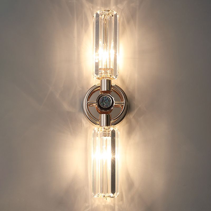 Gold Cylindrical Wall Lamp in Modern Luxury Style Wrought Iron 2-Light Wall Sconce with Crystal Shade