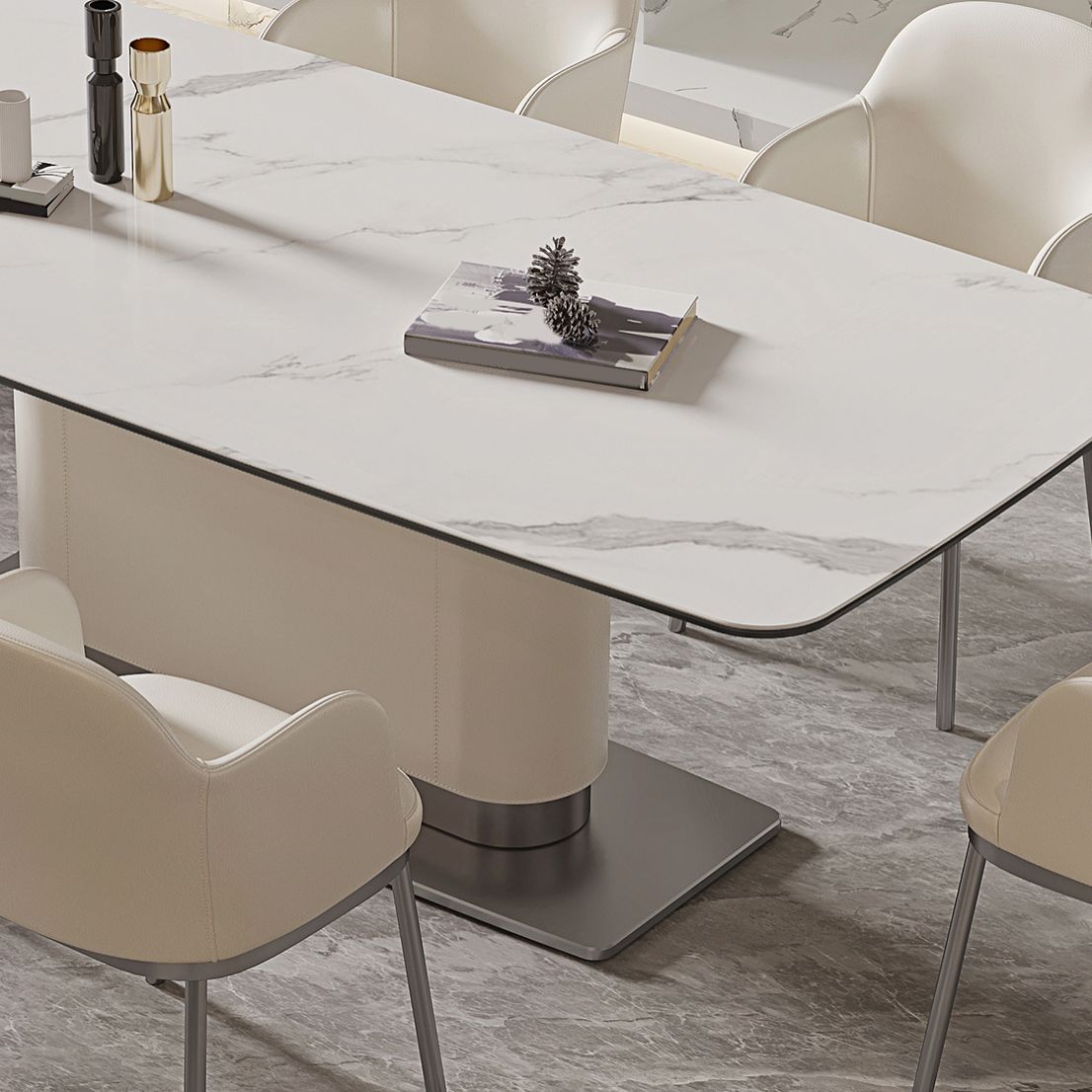 Contemporary White Stone Dining Set 1/4/7 Pieces Dining Table Set with Arm Chairs