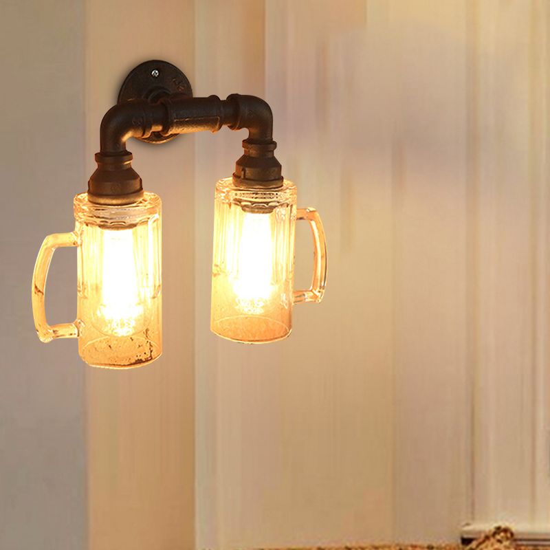 Glass Beer Mug Wall Lighting Antique Stylish 1 Light Hallway Wall Mount Light with Water Pipe in Bronze/Black