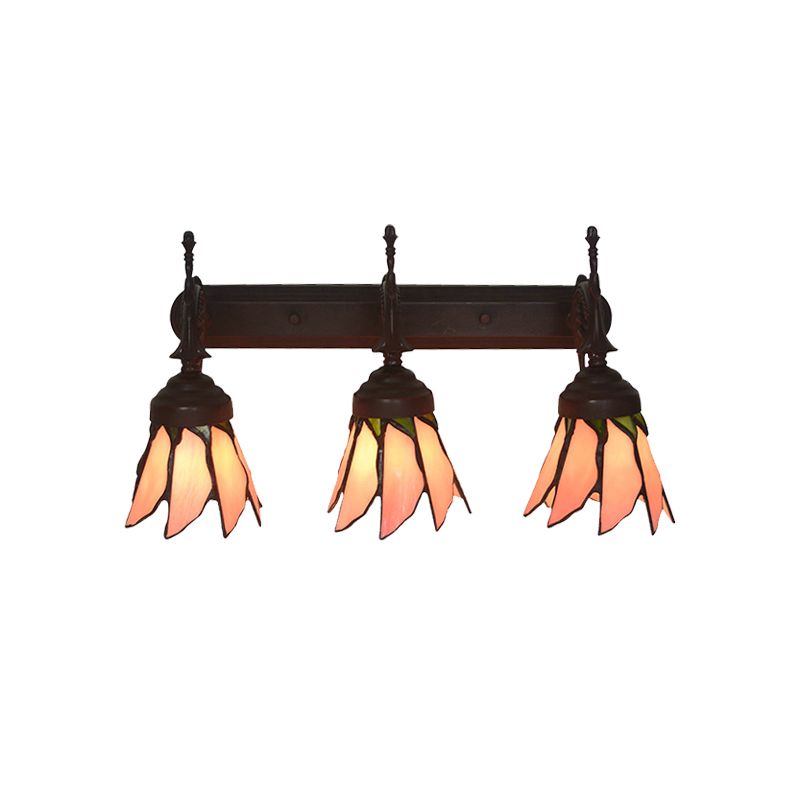 Mission Flower/Morning Glory Sconce 3 Lights Pink Glass Wall Mount Light Fixture with Curved Arm for Dining Room