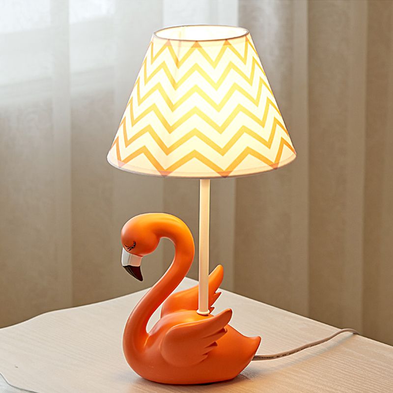 Cone Shade Bedroom Nightstand Lamp Fabric 1 Head Kid Table Lamp with Flamingo Base, Pink