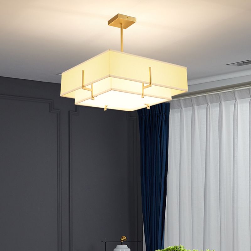 Brass Geometric Pendant Lamp Classic Fabric Chandelier for Living Room