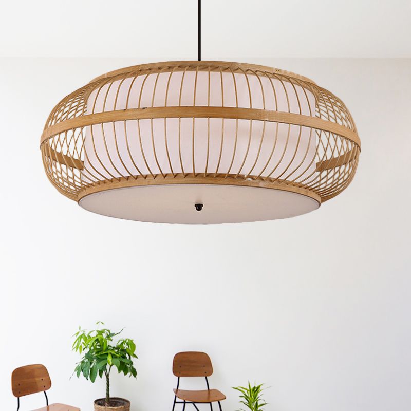 Beige Drum Pendant Lighting Asian Style 1 Light Bamboo Hanging Ceiling Light for Dining Room, 18"/21.5" Diameter