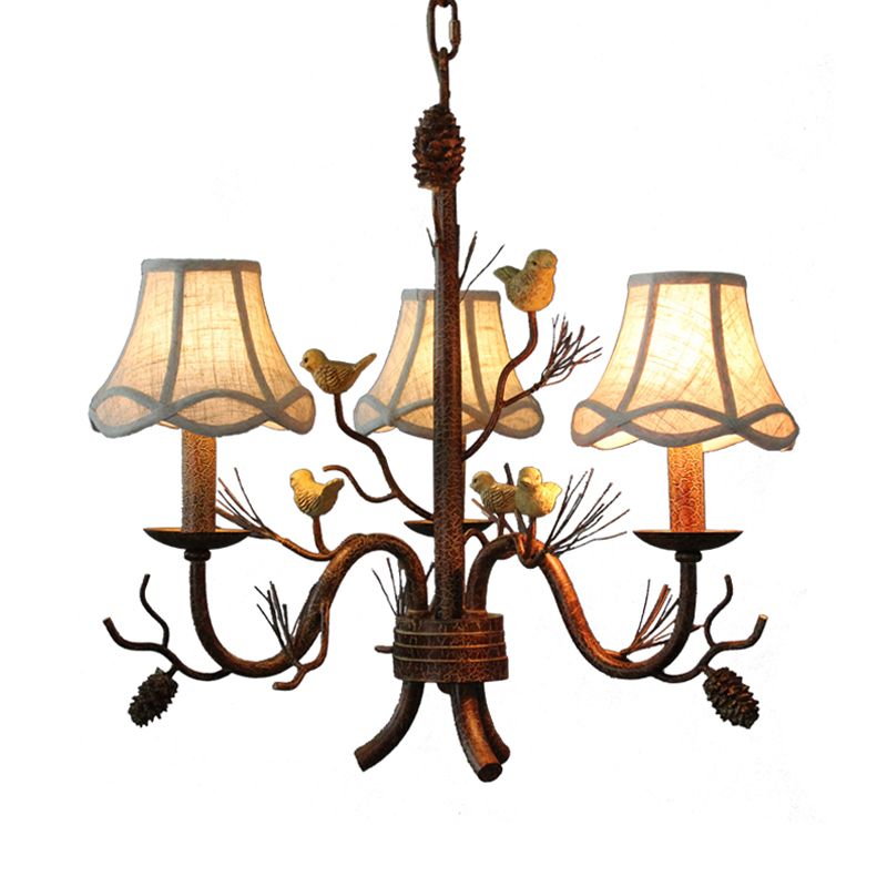 Brown 3 Lights Pendant Chandelier Rustic Metal Scalloped Hanging Light with Fabric Shade