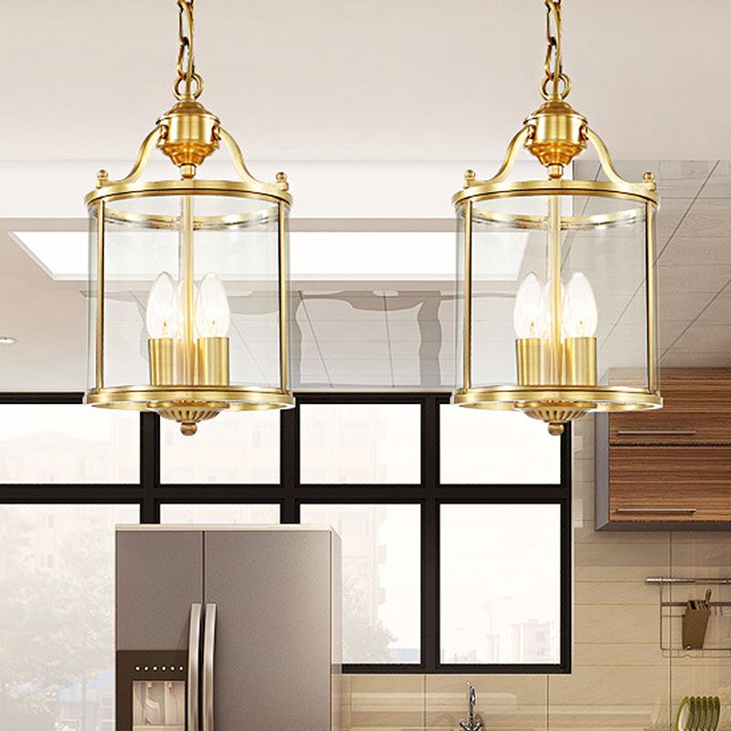 Cylinder Chandelier Lighting Minimalist Clear Glass Brass 3 Bulbs Hanging Ceiling Light, 8"/12" Wide