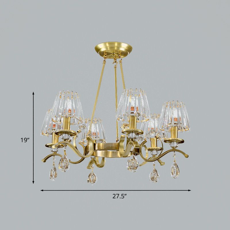 Gold Finish Wheel Chandelier Postmodern Metal 6-Head Living Room Hanging Lamp with Cone Crystal Shade