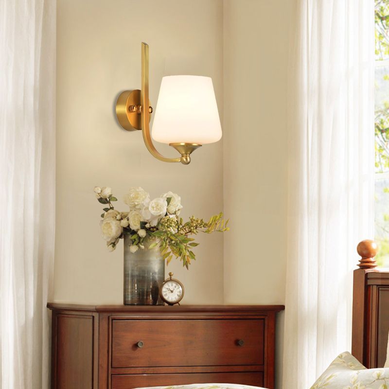 1 Bulb Sconce Lighting with Tapered Shade Milk Glass Modern Stylish Bedroom Wall Lamp in Brass