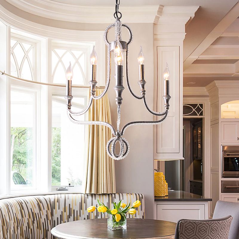 Candle Metal Chandelier Light Fixture Traditional Light 5 Lights Living Room Ceiling Light in Rust with Crystal Accent