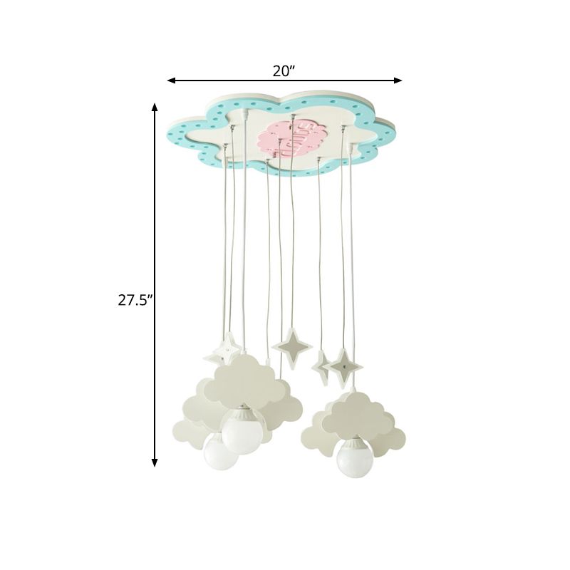Wooden Cloud Cluster Pendant Light Kids 3 Bulbs Blue and White Suspension Lamp for Nursery