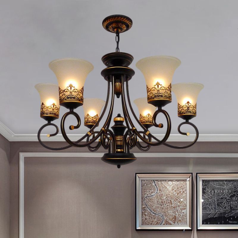 6/8-Light Ceiling Lamp with Bell Shade Cream Glass Traditional Style Guest Room Chandelier Lighting Fixture in Black-Gold