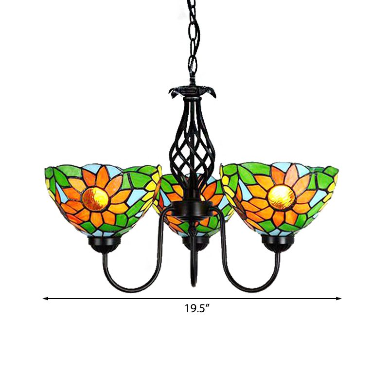 Sunflower Chandelier with Bowl Shade and Curved Arm Lodge Stained Glass Pendant Light in Green