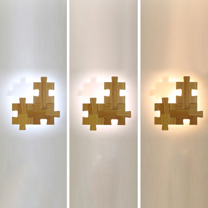 Creative Puzzles-shaped LED Wall Lamp Nordic Minimalism Rubber Wood Home Decorative Sconce Lights for Bedroom