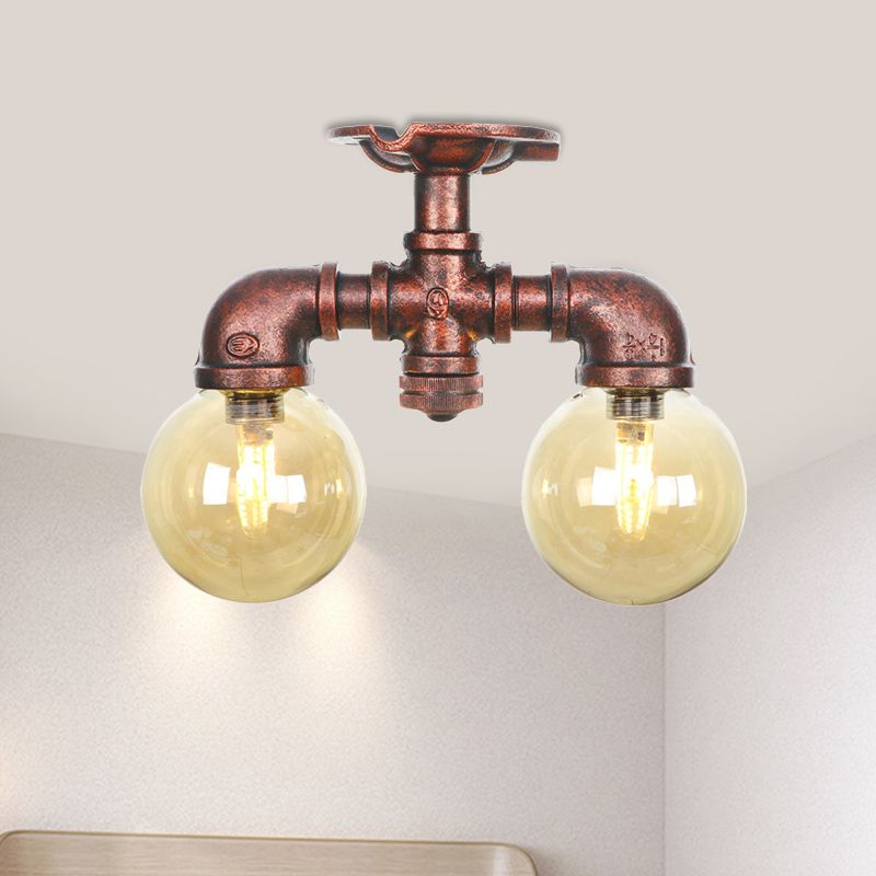 Plafonnier LED en verre ambré et cuivre, boule lumineuse à 2 têtes, luminaire de plafond semi-encastré pour ferme