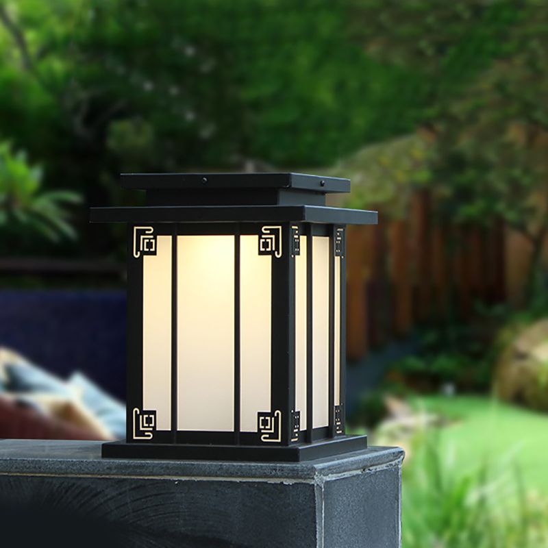 Metal Rectangular Shape Outdoor Lights Modern Style 1-Light Solar Pillar Lamp in Black