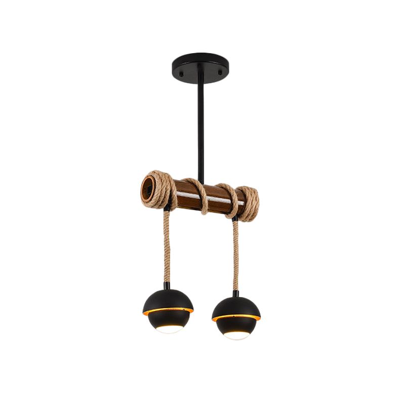 Industrial Linear Island Chandelier 2/3/6 Bulbs Iron Pendant Lamp in Black with Bamboo Tube and Rope, Warm/White Light
