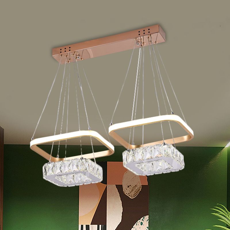 Squared Clear Crystal Chandelier Lamp Contemporary LED Stainless-Steel Pendant Light Fixture with Metal Frame