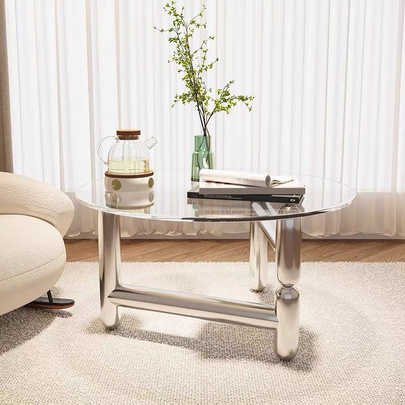 Round Glass Coffee Cocktail Table Steel 3 Legs 1 Single Coffee Table
