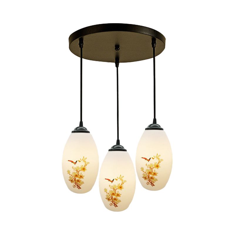 3 Bulbs Multiple Hanging Light Modern Oblong Frosted White Glass Linear/Round Canopy Pendulum Lamp with Flower Pattern