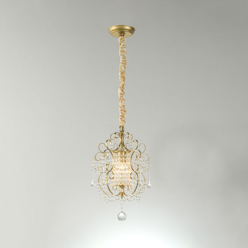 1 Light Scrolled Frame Pendant Light Kit Traditional Metal Suspension Lamp with Crystal Droplet