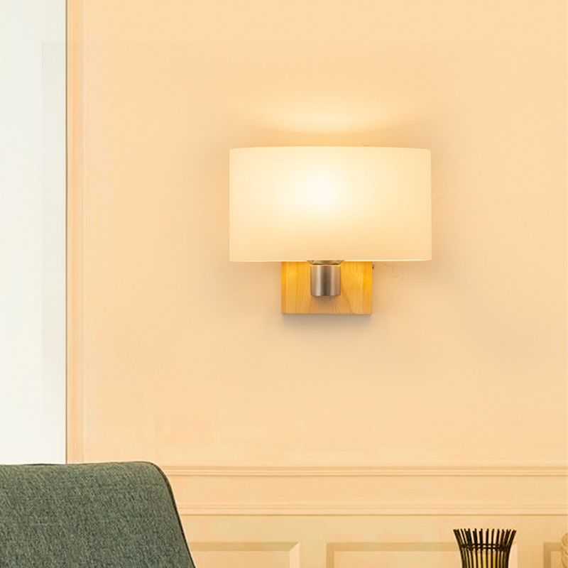 Rectangular Glass Shade Bedroom Wall Lamp Nordic Simplicity Single Bulb Sconce Light with Solid Wooden Base