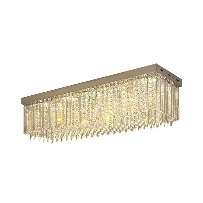 Clear Crystal Rectangle Flush Light Minimal Style 10 Heads Nickel Ceiling Mounted Fixture
