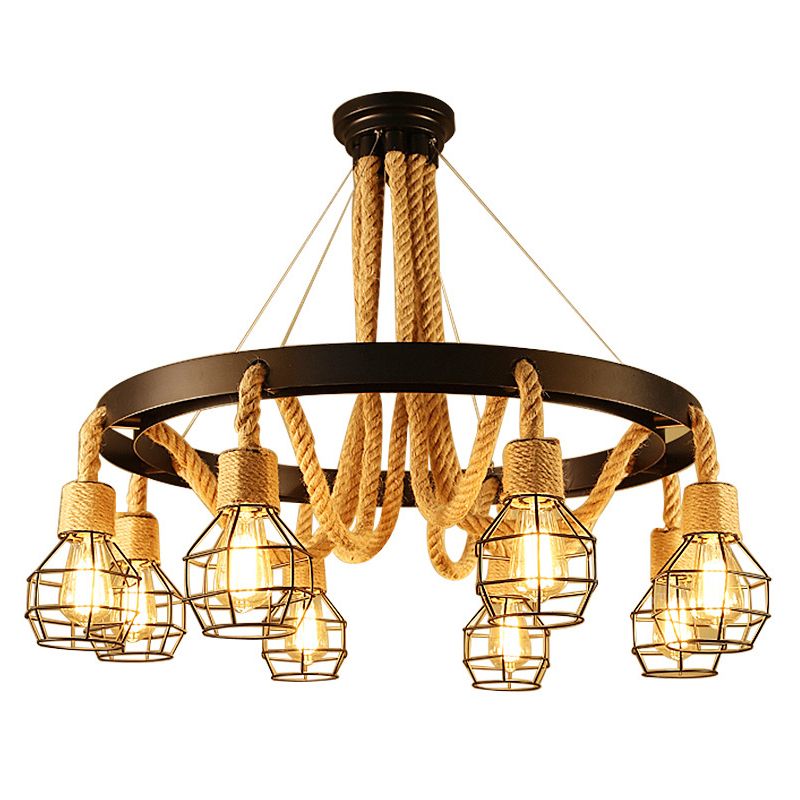Candelier de alambre de metal Luz de colgante Estilo rústico Beige Rope Hanging Chandelier Light