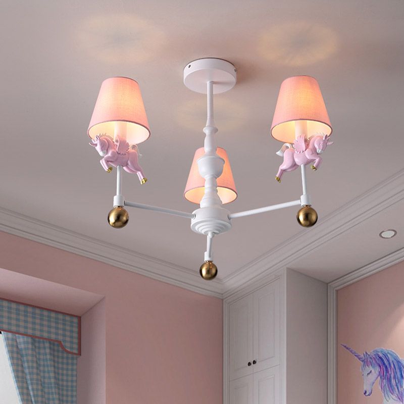 Unicorn Girl's Room Chandelier Resin 3/5-Head Kids Hanging Light in White with Pink Cone Shade
