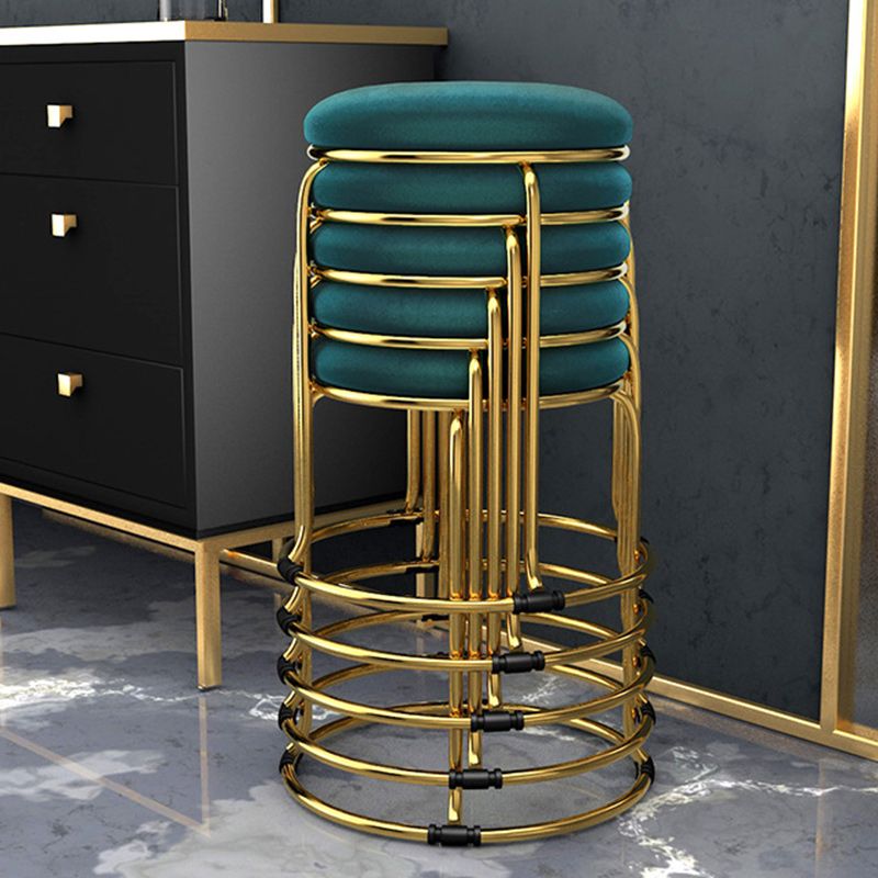 Modern Ottoman Velvet Upholstered Solid Color Metal Frame Round Ottoman