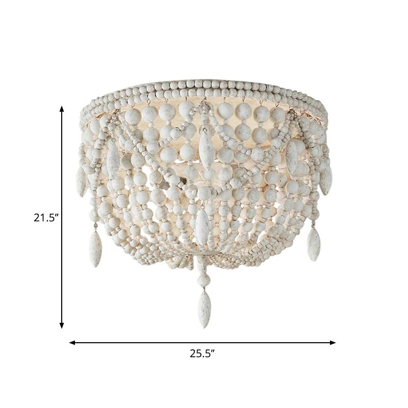Retro Beaded Flush Mount Light 6 Heads Wood Close to Ceiling Lamp in Distressed White