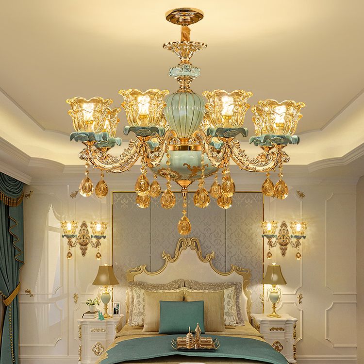 European Style Chandelier Metal Flower Shape Hanging Light with Crystal for Bedroom