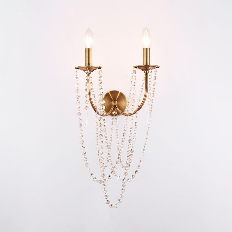 Bare Bulb Wall Sconce French Country Metal 2 Lights Wall Light Fixture with Crystal Beaded Strand in Gold