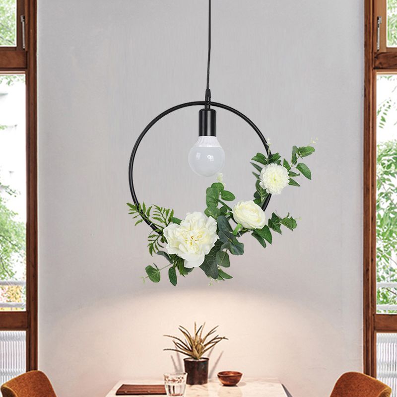 1 Bulb Artificial Flower Ceiling Pendant Loft Style Black Iron Down Lighting with Triangle/Round/Square Frame