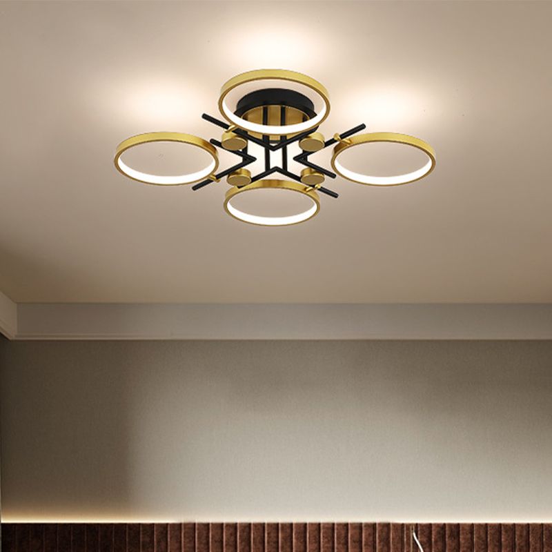 Modern 4/6-Light Semi Flush Mount Gold Hoop Ceiling Mount Chandelier with Metal Frame in Warm/White/3 Color Light