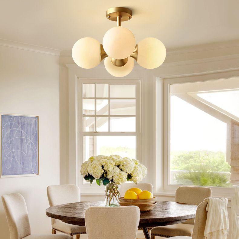 4-Lights White Globe Glass Ceiling Light 16.5" Wide Nordic Style Minimalism Brass Semi Flush Mount Lamp