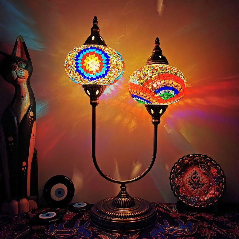 Elliptical Hand Cut Glass Desk Light Vintage 2 Heads Bedroom Nightstand Lamp in Yellow/Orange/Blue