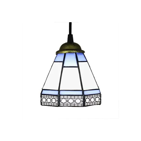 Stained Glass Conical Drop Lamp Tiffany-Style 1 Head Beige/Green/Blue Pendant Lighting Fixture for Living Room