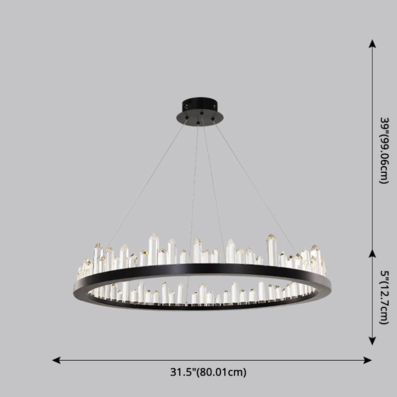 Minimalist Ring-Shape LED Chandelier Crystal Stick Living Room Hanging Light in Black