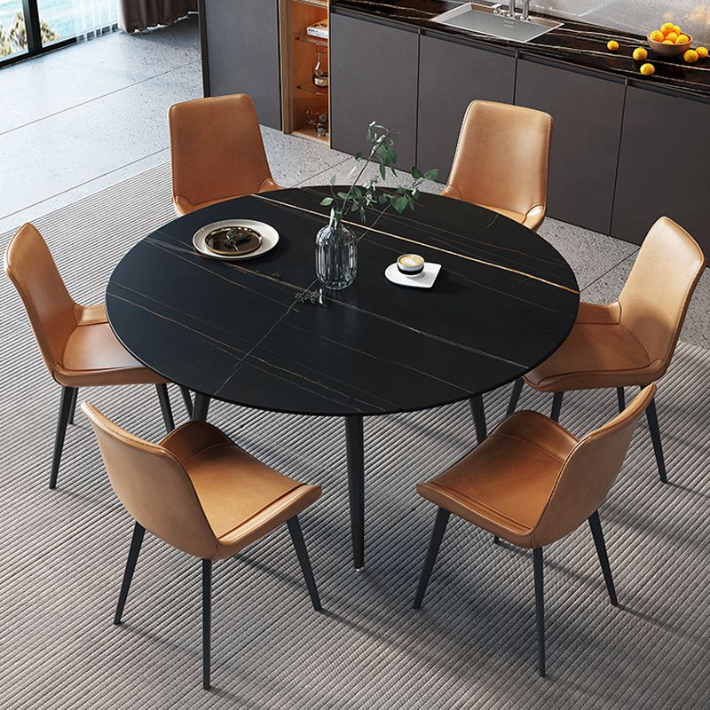 53.15''L Round Contemporary Dining Table Sintered Stone Table with 4 Black Metal Legs
