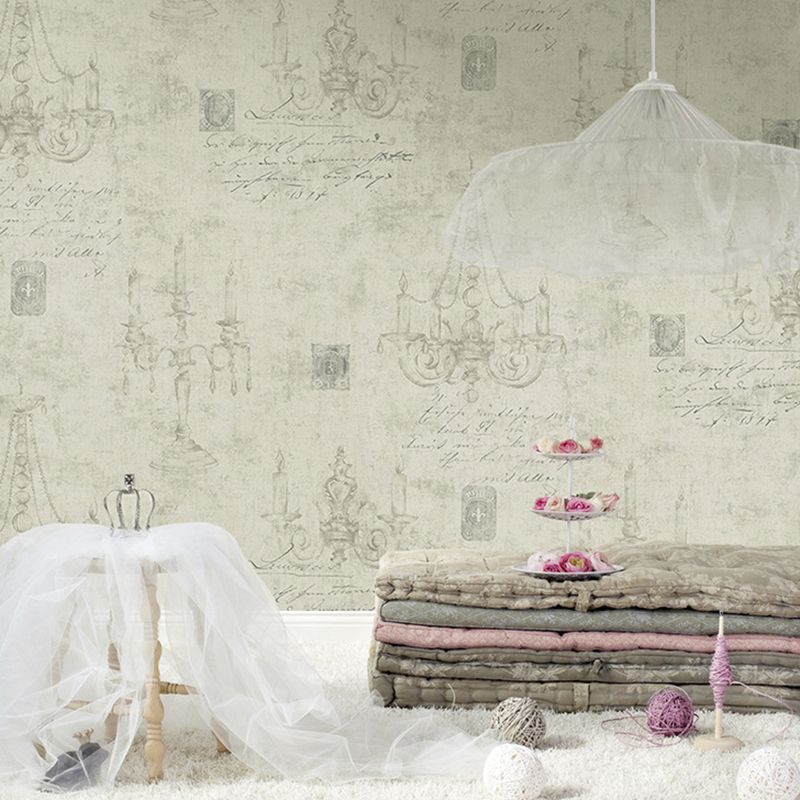 Wallpaper Script and Chandelier Print Pastel Color Retro Paper Wall Covering for Accent Wall