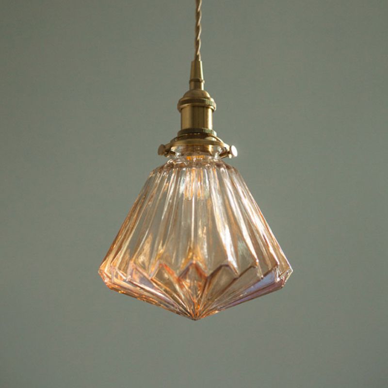 1-Light Ridged Cone Drop Pendant Rustic Brass Brown/Clear Glass Ceiling Hang Lamp with Pointed Bottom