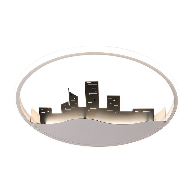 White Round Flush Light Fixture Modern LED Acrylic Flush Mount with Building Decor in Warm/White Light