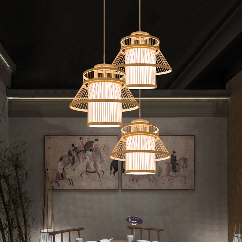 Tiered Suspension Lighting Minimalist Bamboo 1 Head Restaurant Pendant Ceiling Light in Wood