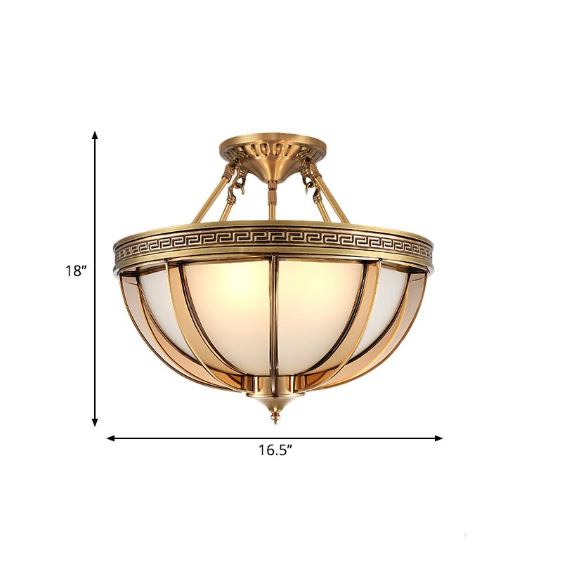 16.5"/20.5" W Ivory Glass Bowl Ceiling Lighting Colonial 3/4 Heads Living Room Semi Flush Mount Light Fixture in Brass