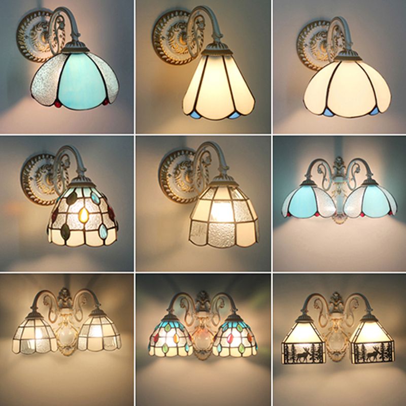 1-Head Scalloped Wall Light Tiffany Style Handcrafted Glass Wall Sconce for Living Room