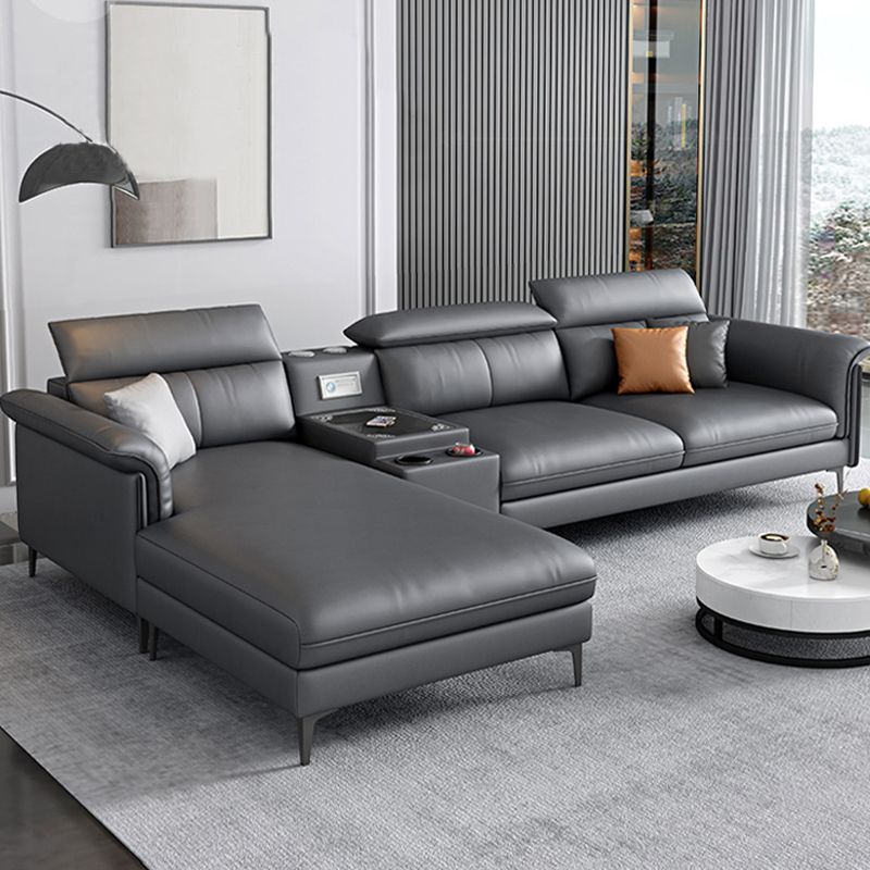 Dark Gray Modern Pillow Top Arm Sectional with Removable Cushions for Living Room