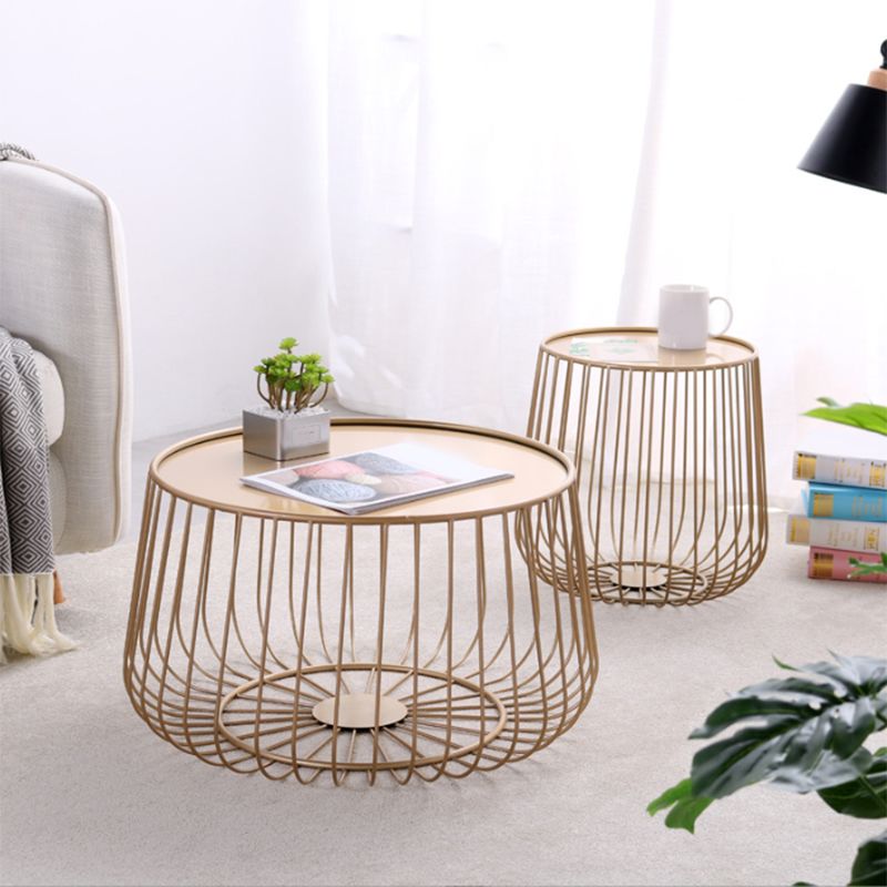Mid-century Modern Round Iron Coffee Table, Brass/Black Frame Cocktail Table with Storage