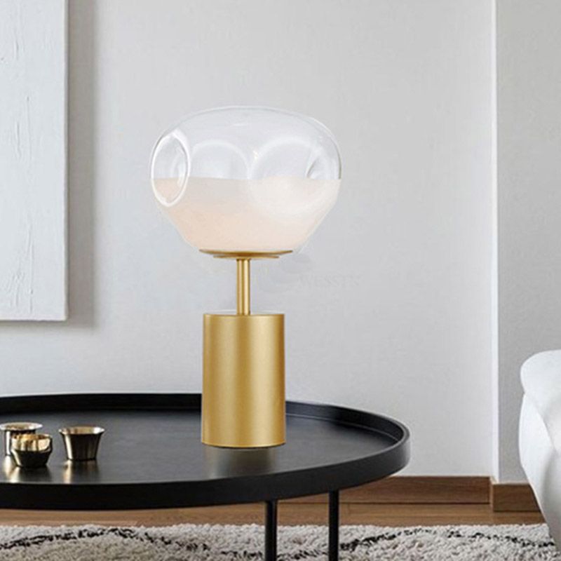 Mesa nocturna geométrica dorada Modernismo 1 lámpara de mesita de noche ligera con crema tono de vidrio de hoyuelos